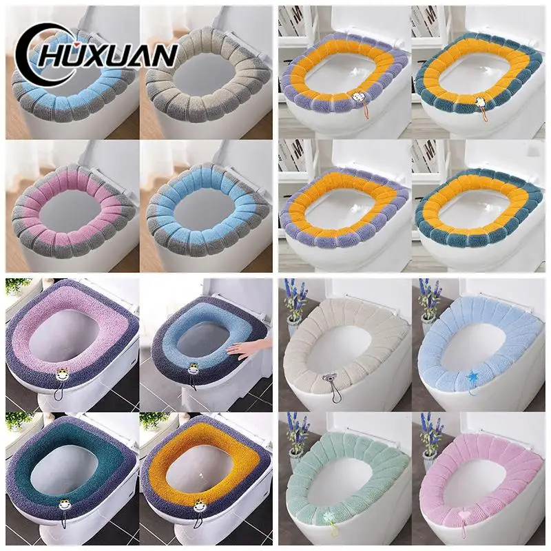 Winter Warm Toilet Seat Cover Washable Bathroom Toilet Pad Cushion With Handle Thicker Soft Mat Knitting Warmer Closestool Mat