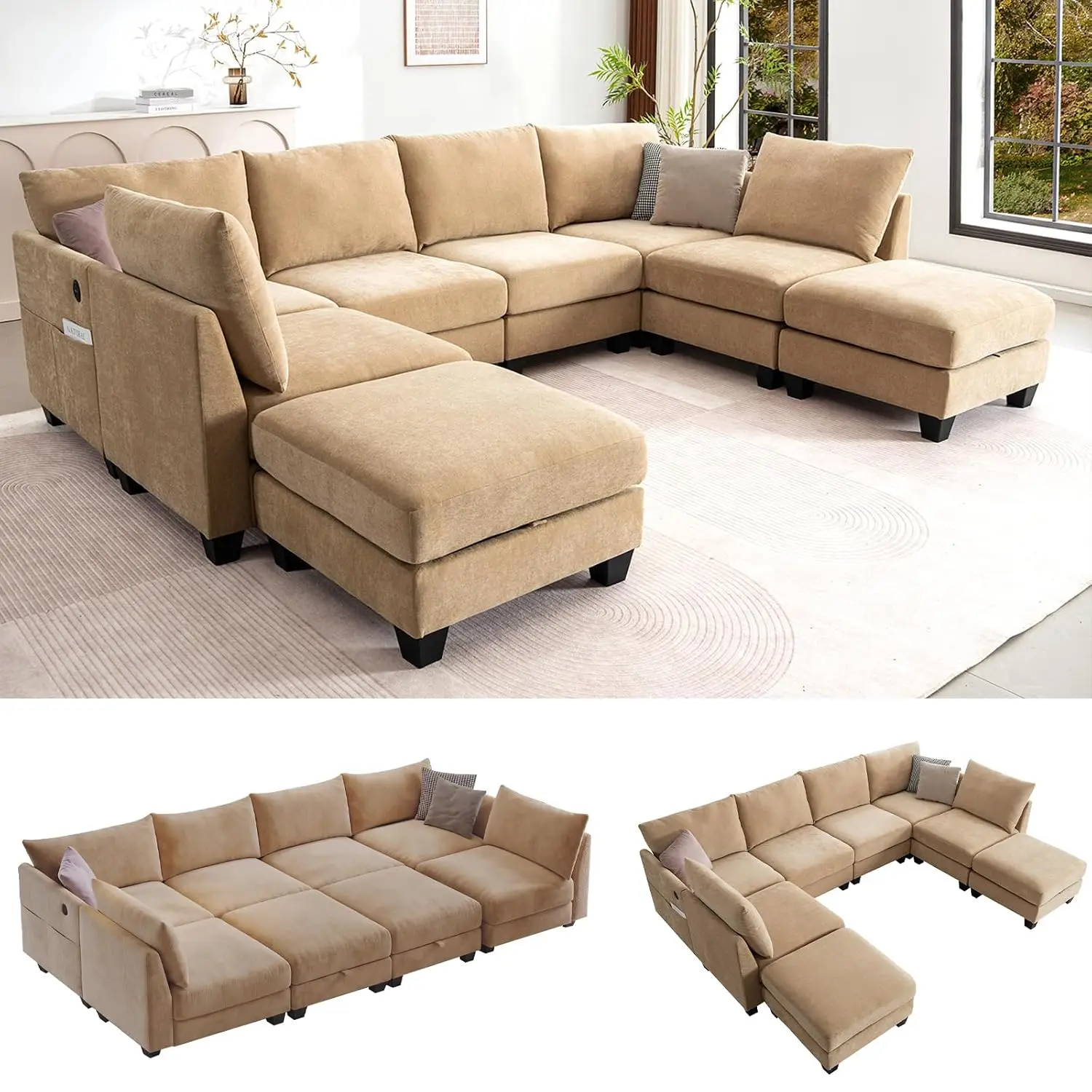 8 Seater U-Shaped Sectional Couches with Storage Ottoman, Camel, Customized