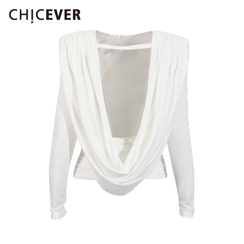 

CHICEVER French Sexy Style Backless T Shirts for Women O Neck Long Sleeve Patchwork Folds Chic Evening Solid Blouses Female New