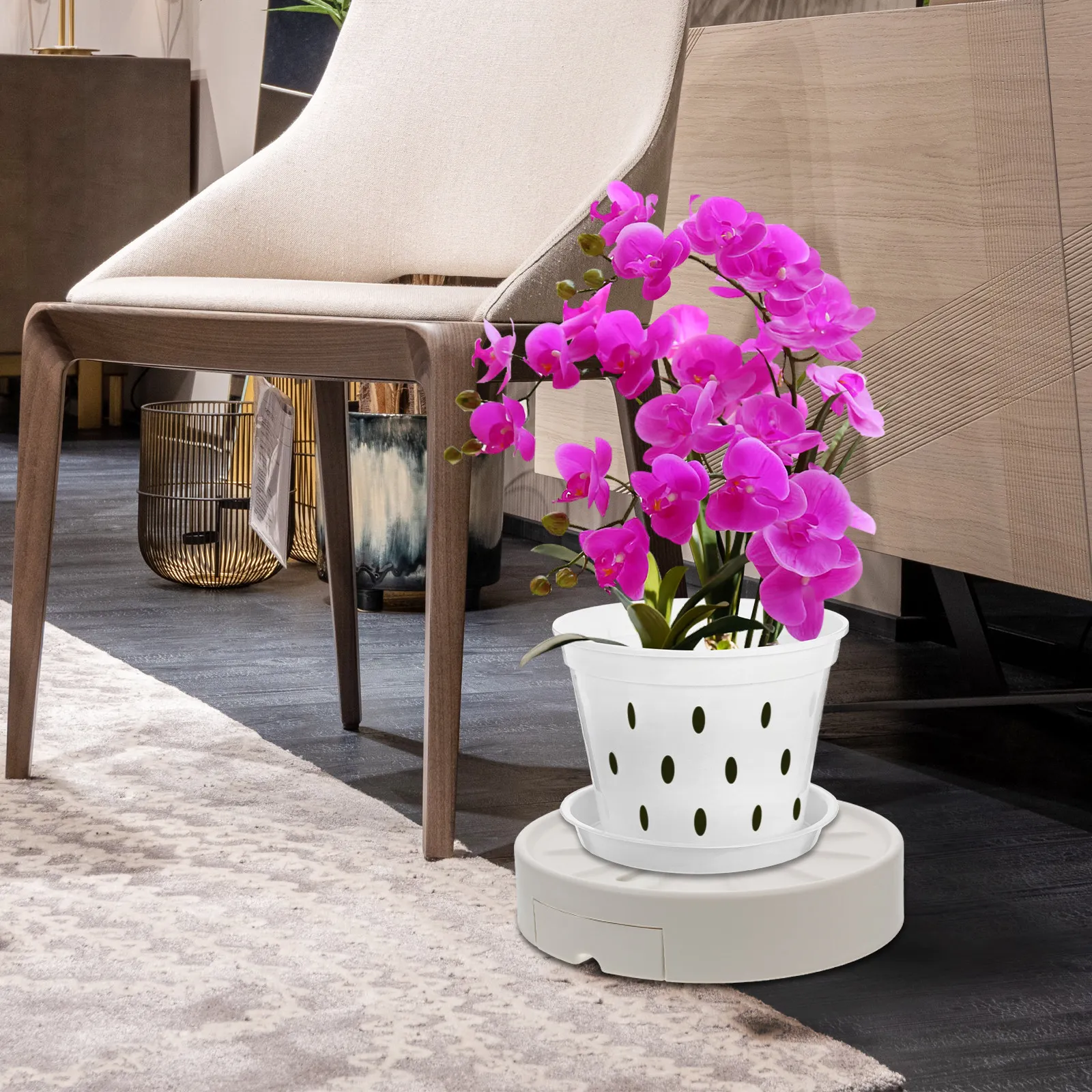 Mobile Round Flower Pot Tray with Universal Wheels Removable Water Drawer Ventilated Drainage Design for Indoor Plants Planter