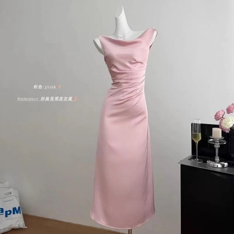 Damenkleid im französischen Stil mit Wasserfallausschnitt, One-Shoulder-Design, Meerjungfrauen-Silhouette, ärmellos, gerafftes Bodycon-Chiffon-Maxikleid für den Sommer