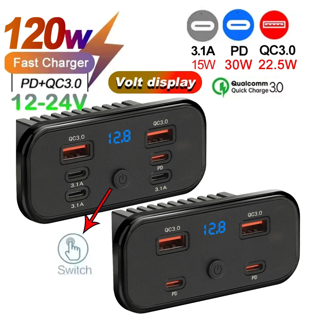 120W QC3.0 PD Type-C USB Quick Charger with Voltage Switch 4/6 Ports Fast Charging Power Panel for Bus ATV Car Truck Marine