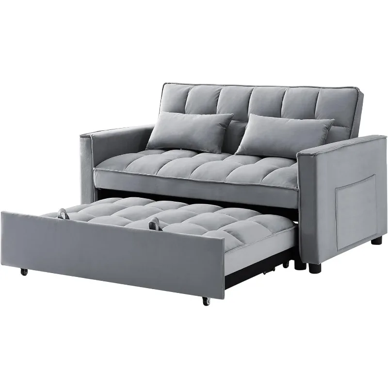 3-in-1 55.3'' Convertible Futon Bed, Velvet Sleeper Loveseat with Pillows, Pockets, Small Sofa Cama for Living Room, Apartment