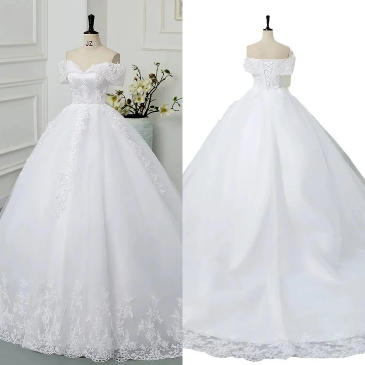 Es Yiiya vestido de novia blanco con apliques de perlas, hombros descubiertos, encaje, Princesa, largo hasta el suelo, talla grande, FH017