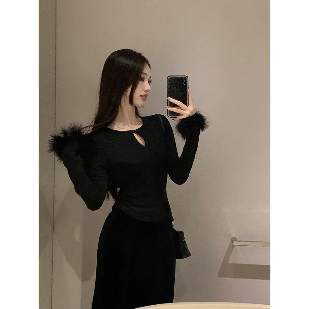 Fleece Lined Hollow out Long Sleeve T-Shirt Women's Autumn Winter Slim Fit Short Base Shirt Top Velvet Finish Korean Style Co...