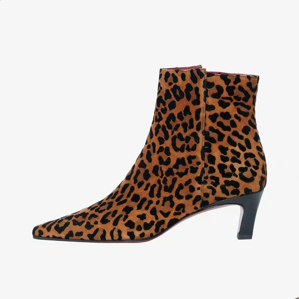 Arden Furtado Autumn Leopard suede Short boots Pointed toe Side zipper Chunky heels Modern boots Large size Women's Boots