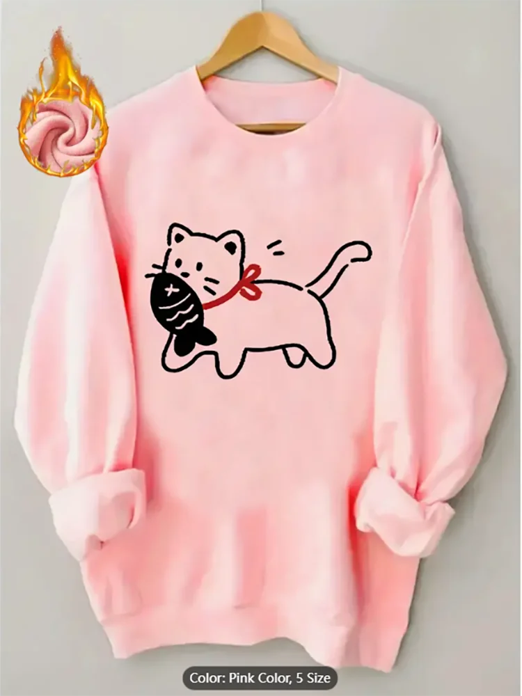 Sudadera de color albaricoque para mujer, jersey informal de gran tamaño con forro polar y estampado gráfico de pez gato, Top para amantes de los gatos, comodidad de algodón puro