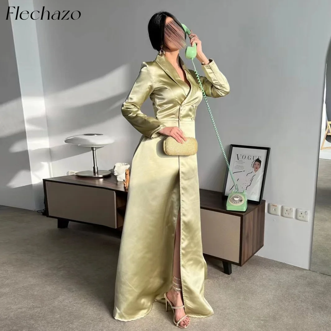 

Flechazo Satin Evening Dresses V Neck Floor-Length A-Line High-Slit Bow Formal Occasion Party Dress For Women 2024 فساتين السهرة