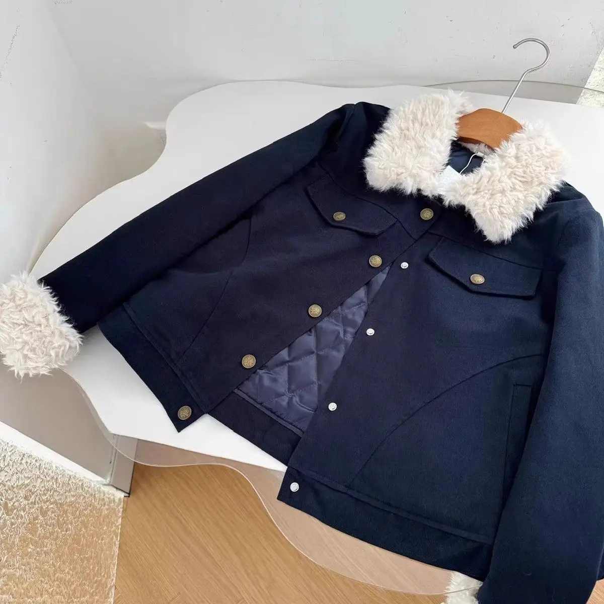 Faux Lambswool Patchwork Short Quilted Cotton Jacket Coat Women Retro Slim Navy Blue Padded Coat Female Workwear Style Outerwear