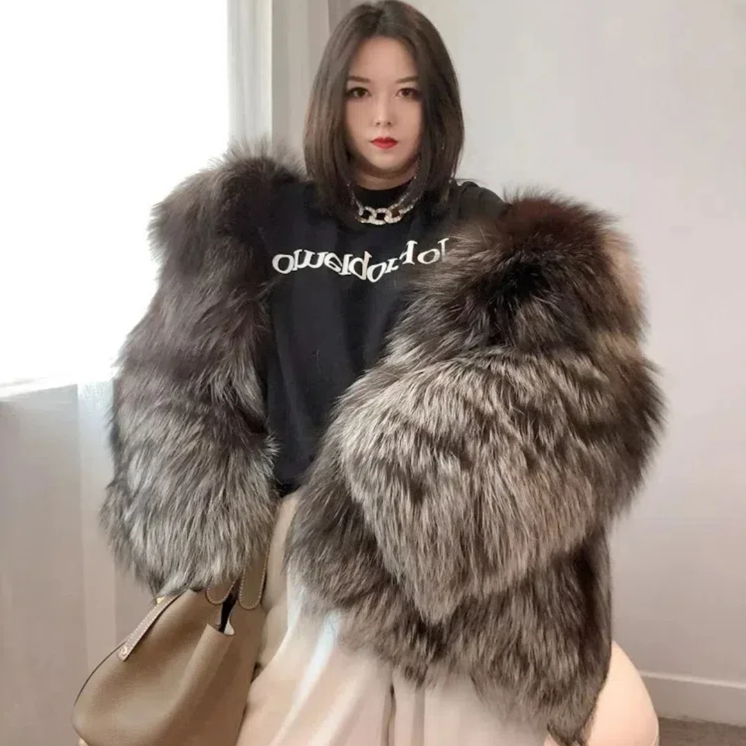 

Women fashion Winter Luxury Highend Quality Hood Genuine Long Sleeve Real Natural Silver Fox Fur CoatFemale Jacket