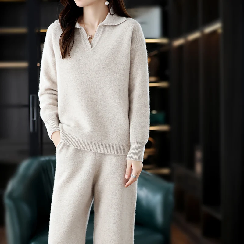 Autumn Winter 2022 New Cashmere Suit Women Loose Lapel Sweater Korean Fashion Wide-leg Pants Knit 100% Pure Wool Two-piece Suit