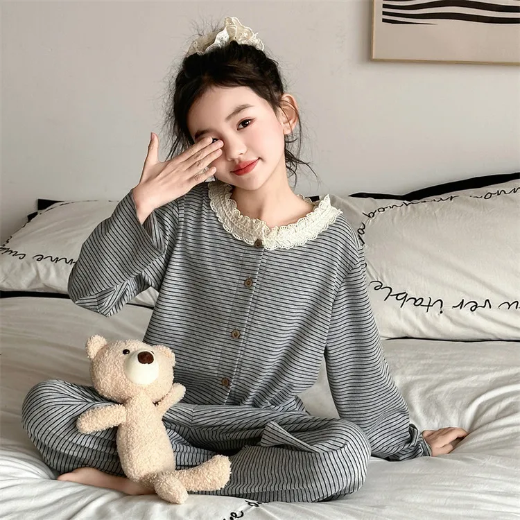 

Girls' Striped Pajamas Suit New Spring and Autumn Outfit Sweet Lace Round Neck Home Wear Casual Two-piece Set