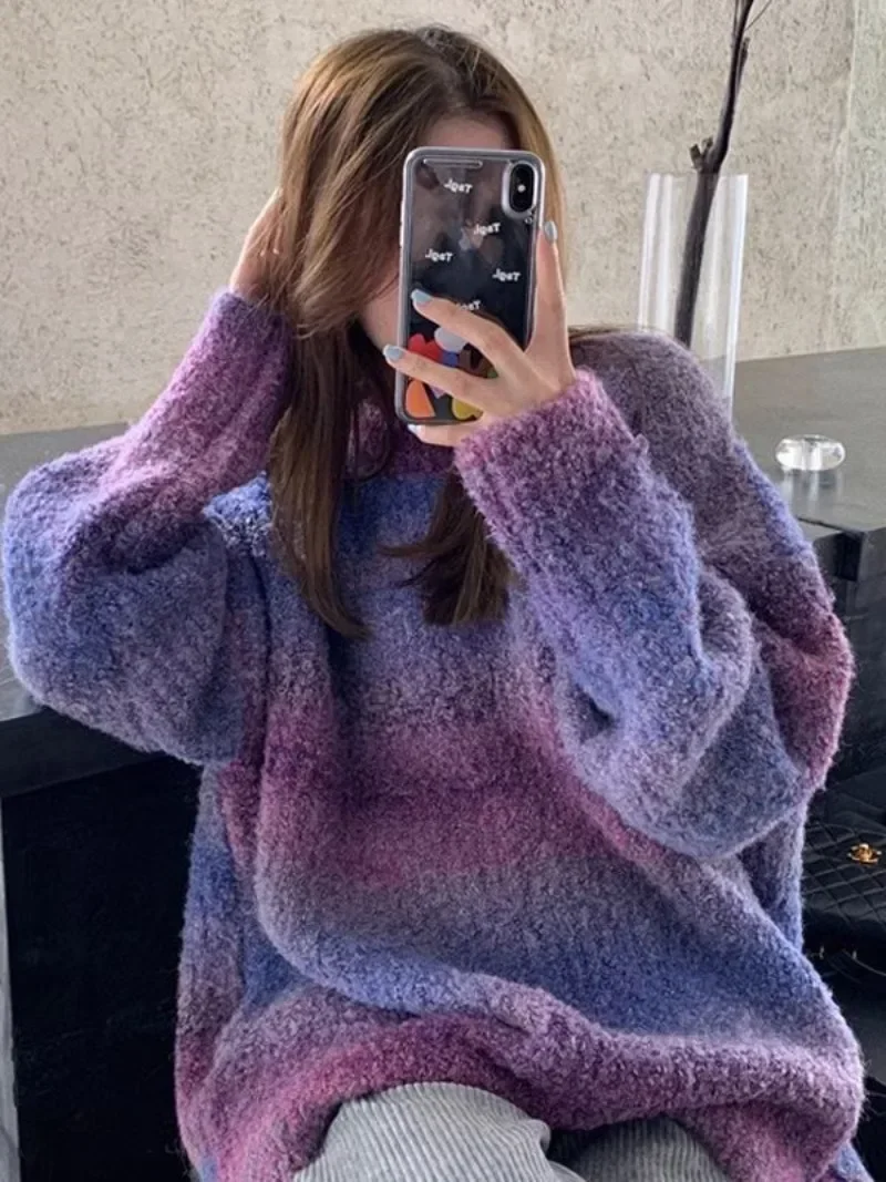 

Streetwear Gradient Sweater Women Harajuku Oversized Knitted Pullovers Vintage Korean Casual Winter Warm Tops Y2k Clothing 겨울옷