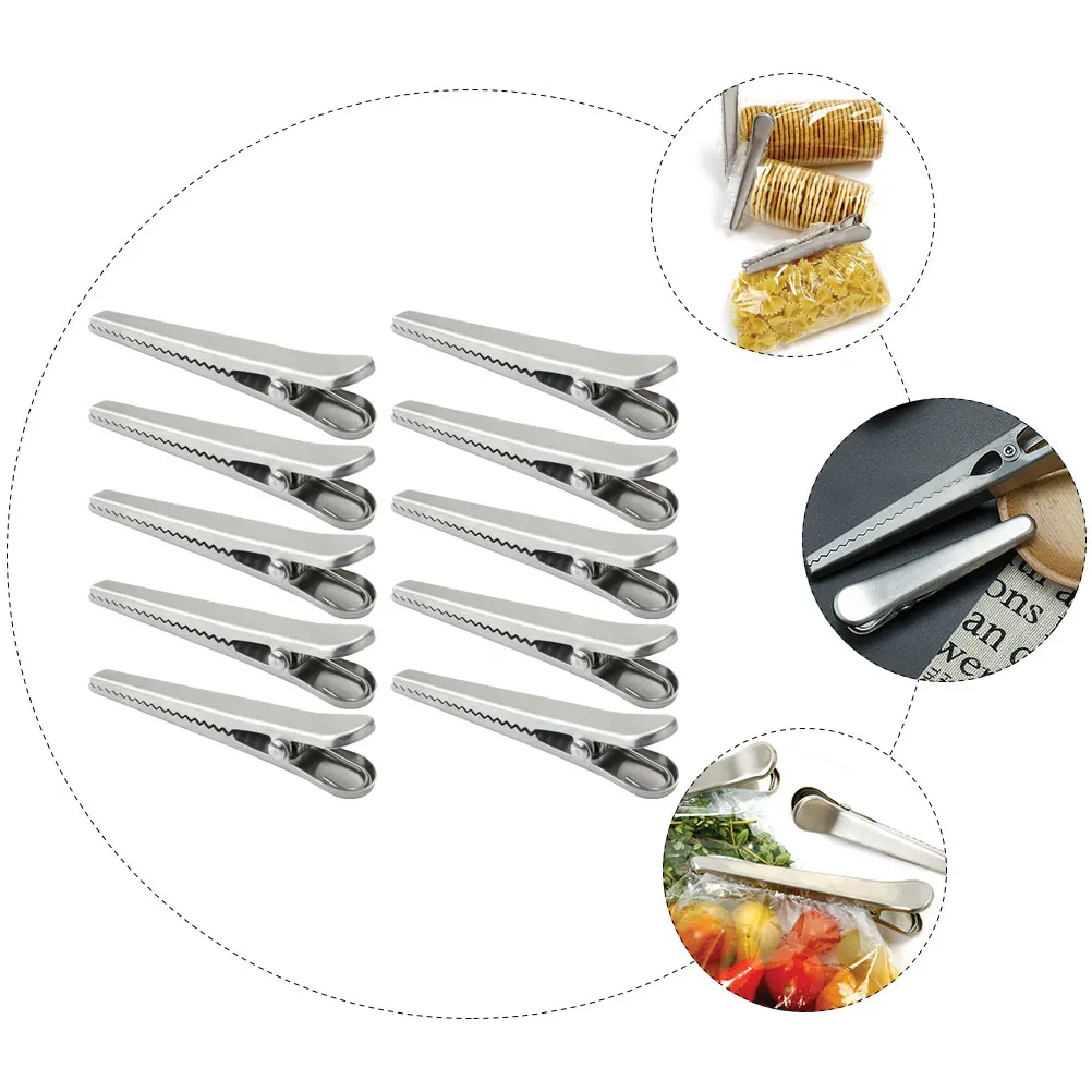 

10 Pcs Fresh-keeping Stainless Steel Clip Freezer Kitchen Resealable Bag Clips Sealing for Chips Large