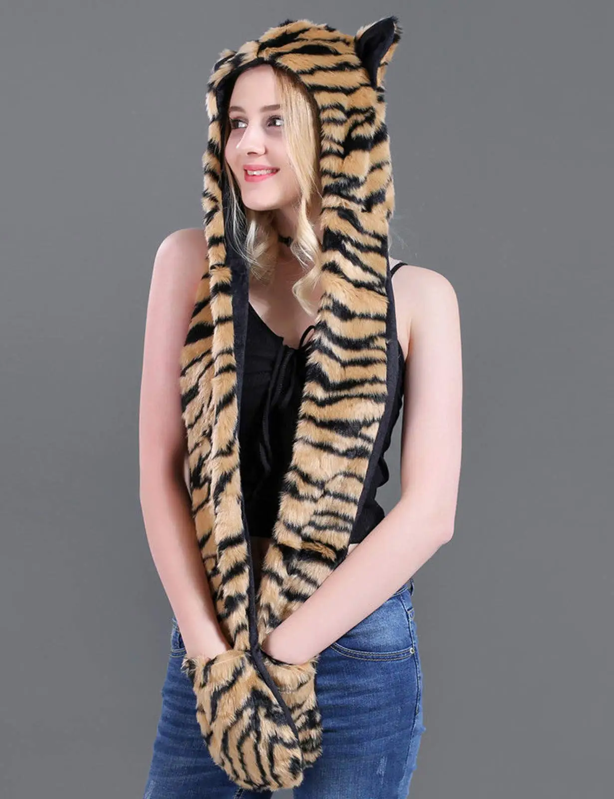 Tigre, outono e inverno nnovelty peles do falso capuzes chapéu animal cachecol luvas 3 in1 velo com capuz de pelúcia quente earmuff festa bonés