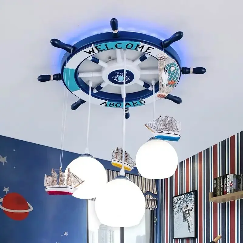 

Mediterranean Rudder Chandelier Light with Colorful RGB Backlight Wooden Hanging Boat Kids Bedroom Ceiling Lamp For Boy Child