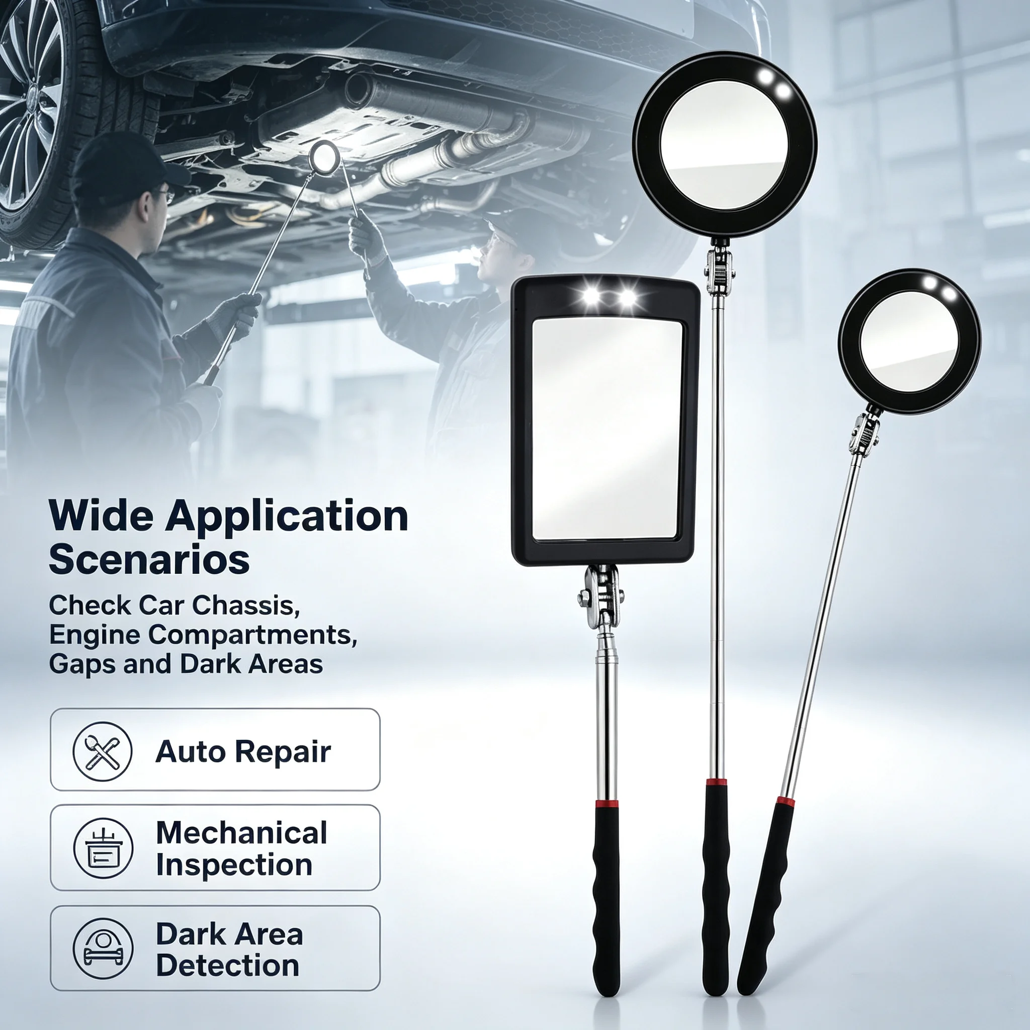 360° Telescoping LED Inspection Mirror- Square/Round Head Options, Extendable Handle for Auto Repair, Engine, Chassis & Home Use