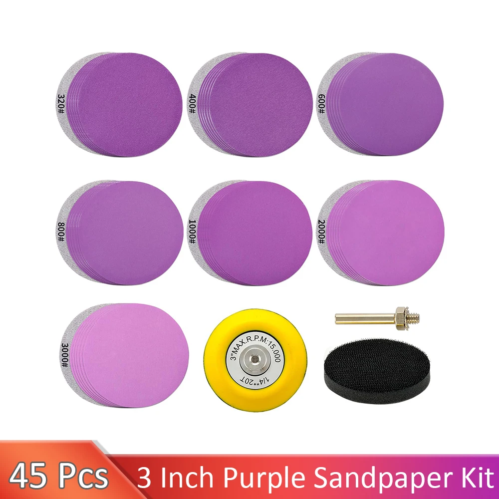 

45 Pcs 3 InchHook and Loop Sandpaper Set Drill Sanding Attachment Wet Dry for Wood Metal Automotive