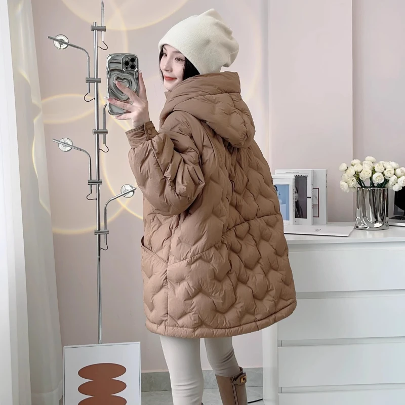 Monochrome Hooded Down Jacket for Women, Oversized, Medium Length, Thick Warm Parker Coat, High-end Design, Zip, 2024