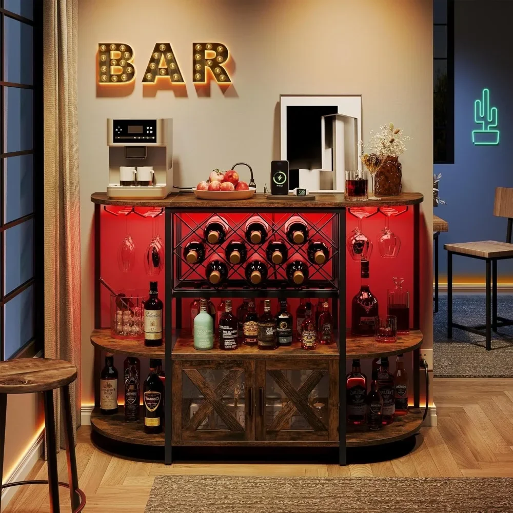 Kabinet Anggur. Kabinet meja Bar dengan Outlet daya, Kabinet Bar kopi Mini rumah LED untuk minuman keras, dudukan Bar kabinet anggur logam