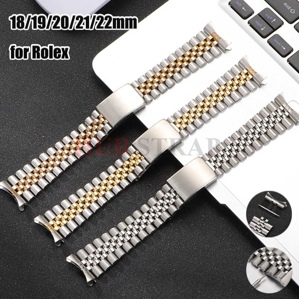 

Твердый ремешок из нержавеющей стали 18 мм, 19 мм, 20 мм, 21 мм, 22 мм для часов Rolex для юбилея с изогнутым концом для мужчин и женщин, металлический ремешок, роскошный браслет