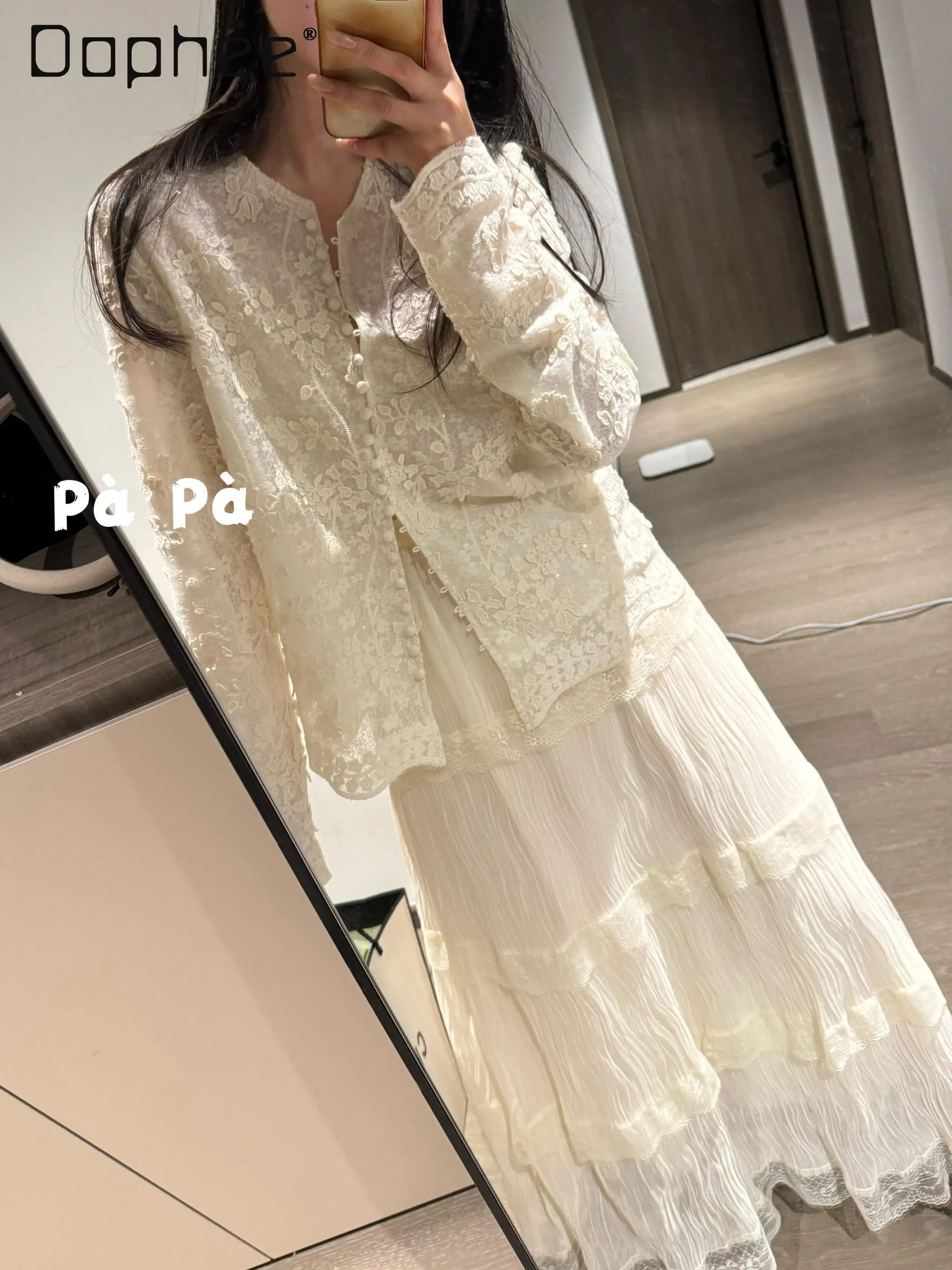 Vintage Heavy Industry Embroidery Glitter Three-dimensional Lace Shirt French New Chinese Top Women Long-sleeved Loose Shirts