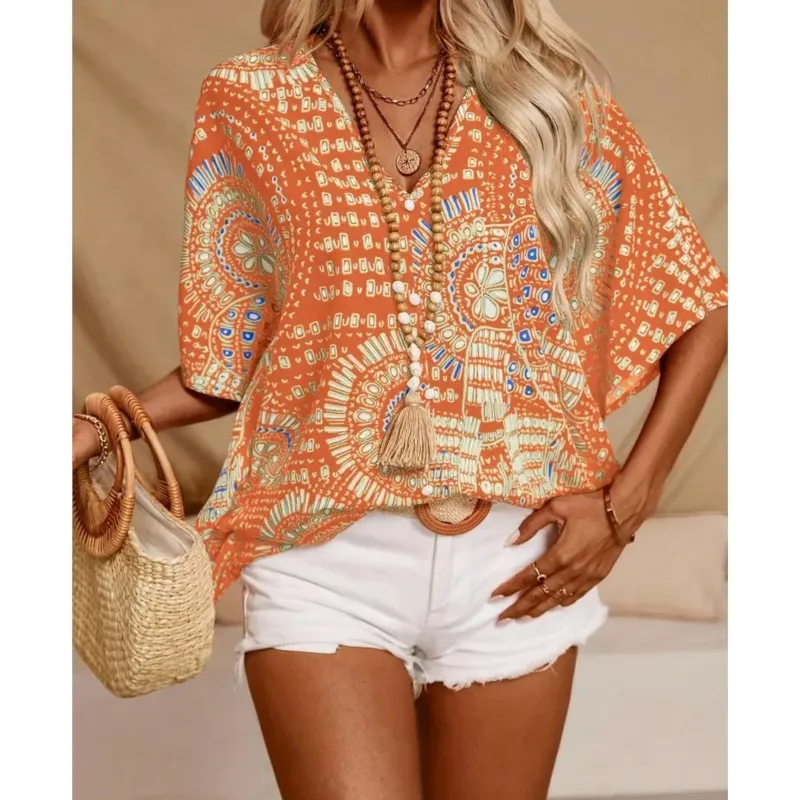 Fashion Print Loose Women Blouses & Shirts Summer New V-Neck Vacation Style Batwing Sleeve Loose Blouse Casual Tops