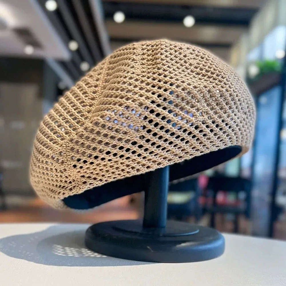 New Straw Woven Beret Caps Hollow Out Anti-UV Sun Hat Breathable Sunscreen Hat