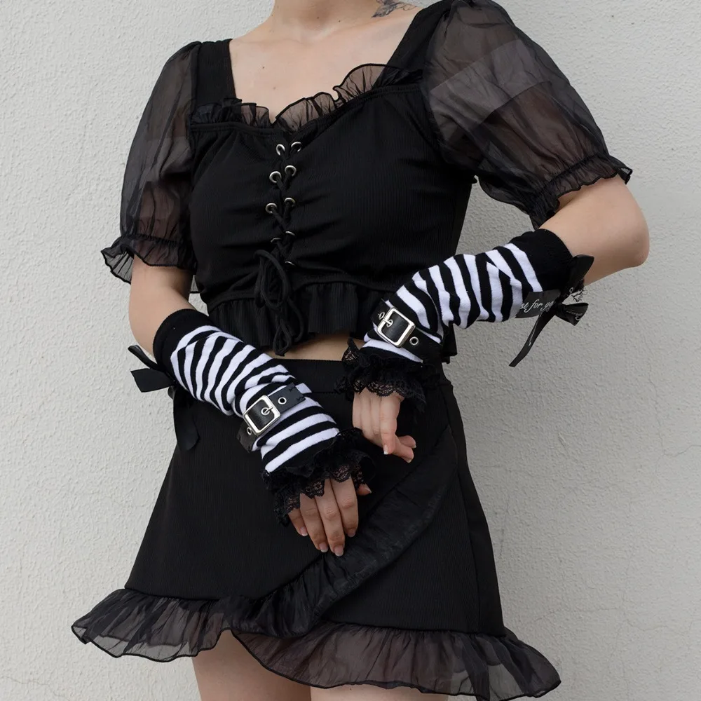 Arm Cover Elastic Warm Hand Sleeve Bowknot Lace Half-ginger Gloves Harajuku Style Subculture Y2K Warm Sleeves Lolita