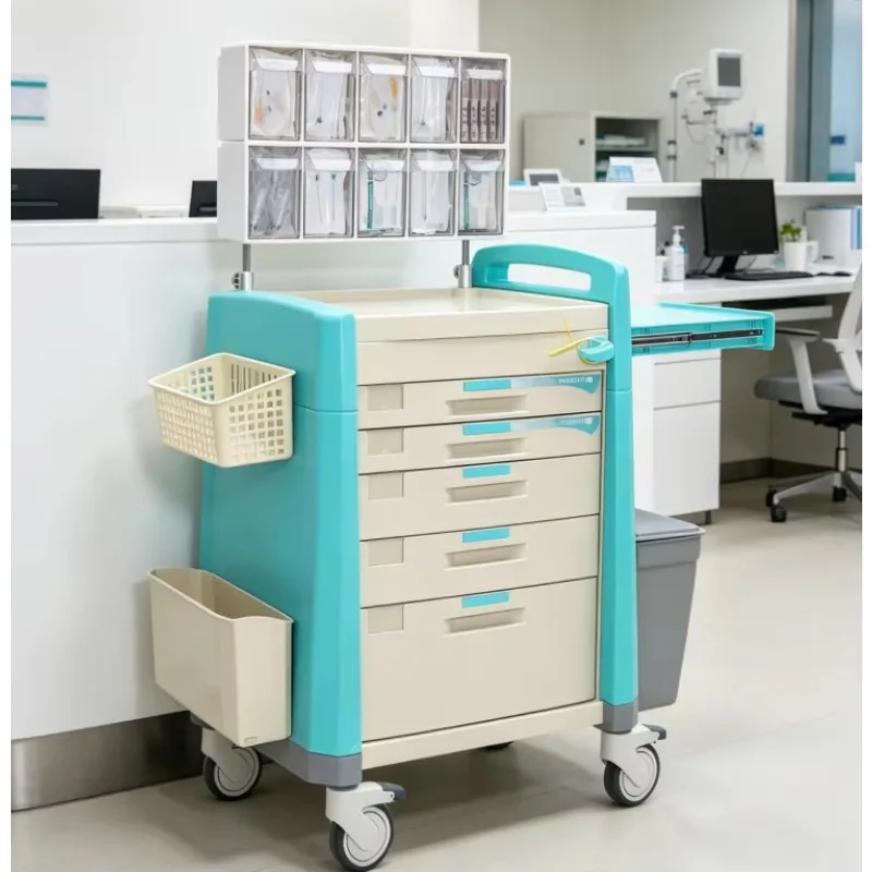 Abs Multifunctional Anesthesia Trolley with Five Drawers Transparent Storage Bins Silent Wheels Cart for Operating Room