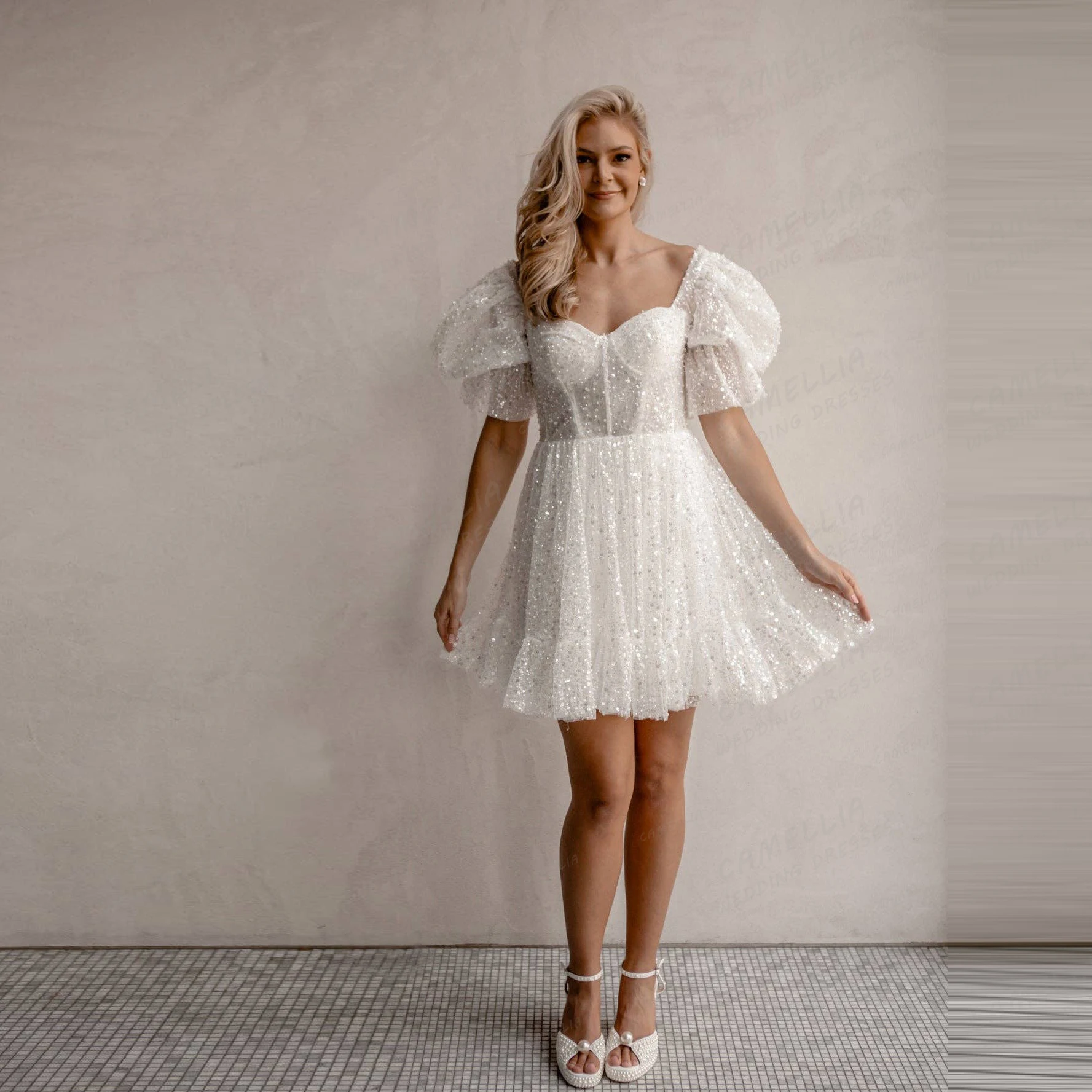 

Luxury Glisten Wedding Dresses Women's A Line Sweetheart Short Bridal Gowns Princess Vestidos De Novia Customized فساتين سهرة