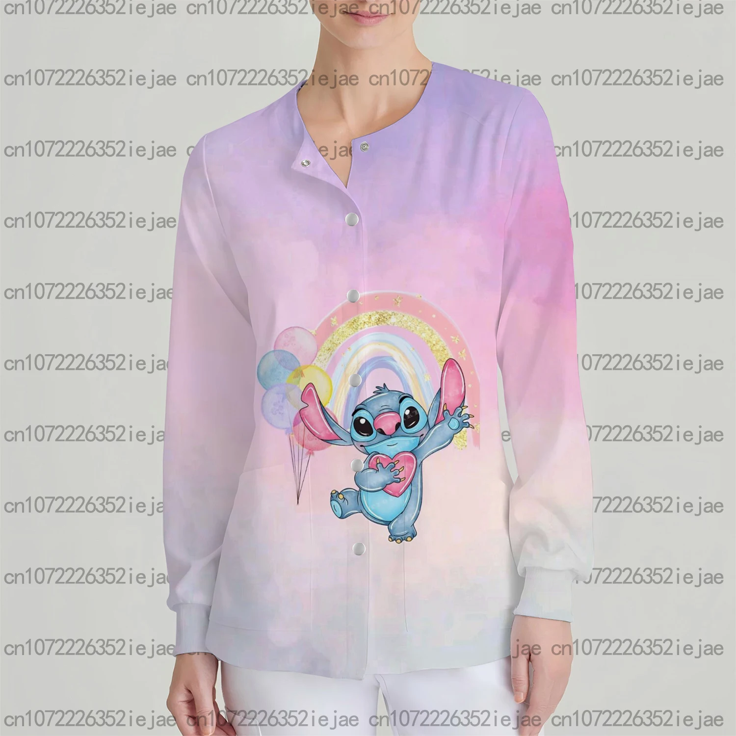 Nuova manica lunga con stampa dolce Top Disney Stitch girocollo Comodo cardigan tascabile da donna Giacca da lavoro versatile per pendolari