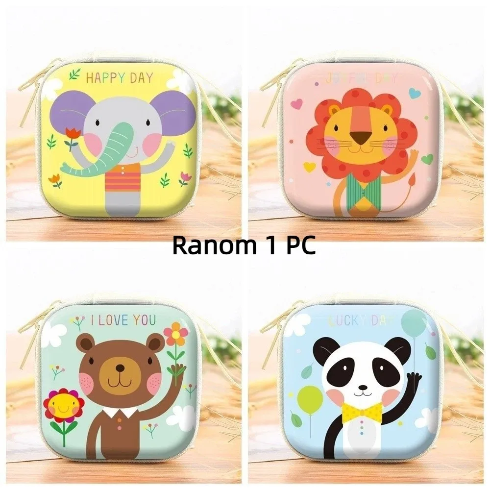 Cute Cartoon Print Tin Snuff Box Bear Cat Dog Earphone Bag Fruit Zipper Data Cable Storage Box New Year Gift
