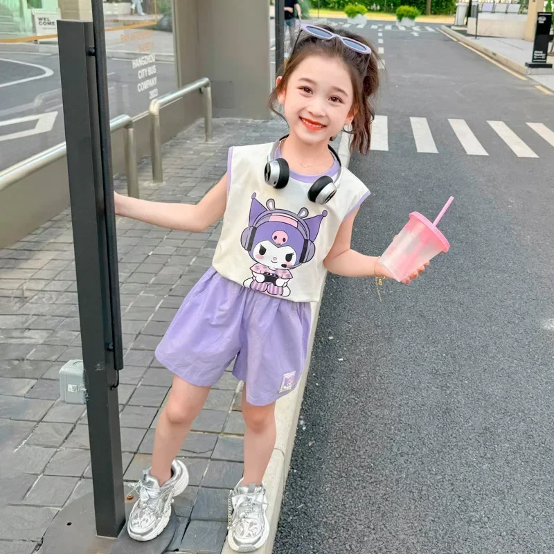 Sanurgente-T-shirt à manches courtes pour enfants, Hello Kitty, haut de dessin animé Kuromi, robe de sport, costume d'objectifs pour filles, bébé, sans manches, été