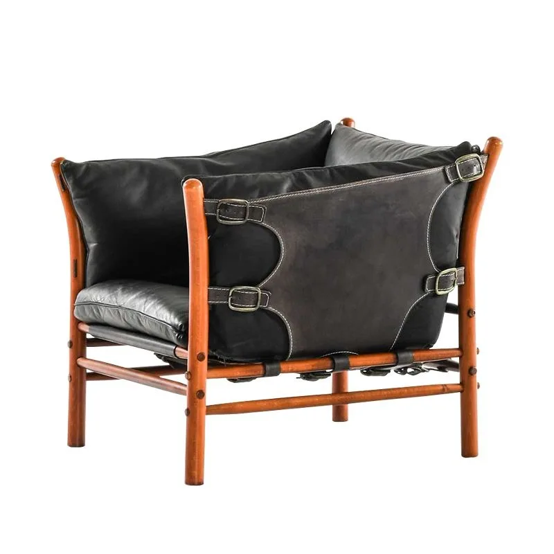 Solid wood leather chair, single living room chair, balcony designer medieval sofa chair