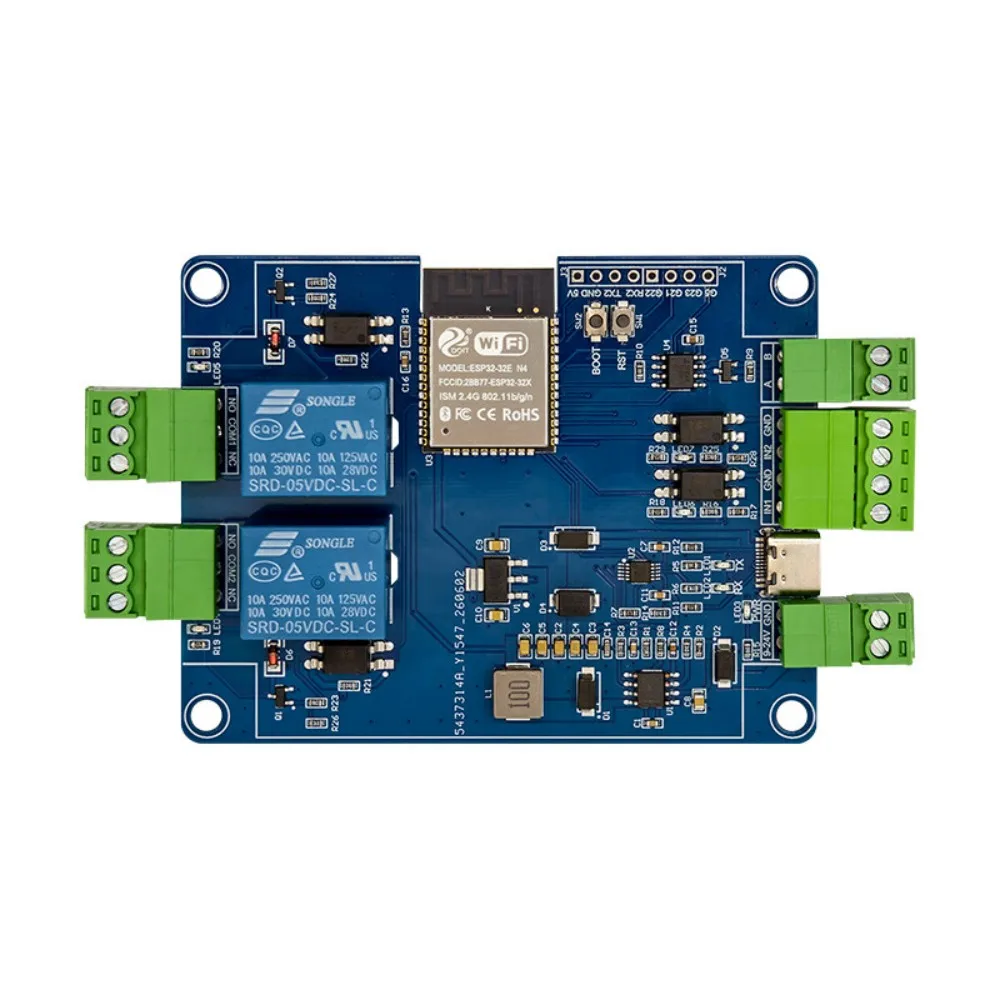 ESP32 2 Channel Relay RS485 Modbus Module 2IN 2OUT Optocoupler Isolation WiFi BT CH340 Type-C & 7-24VDC Dual Power Supply