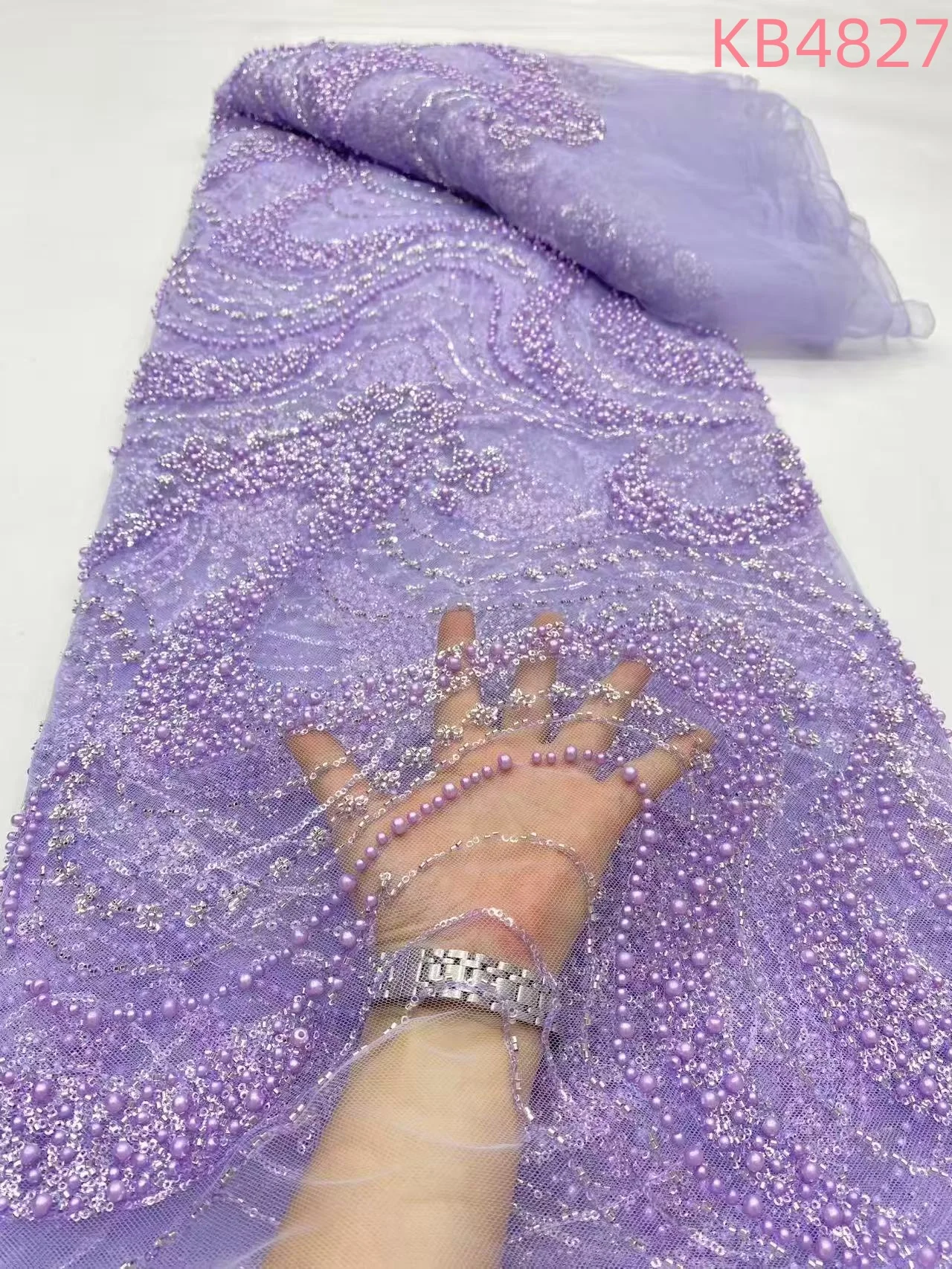 

5 Yards African Purple Lilac Beaded Lace Fabrics Nigerian Green Sequins Tulle Lace Fabrics Sequence For Wedding Dress KB4828