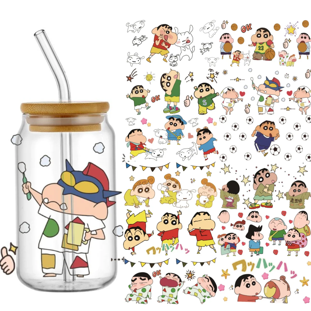 

Miniso Japanese Cartoon Crayon Boy 3D 16oz Libbey UV DTF Cup Wrap Transfers Stickers Custom Labels DIY Waterproof Logo Mug Decal