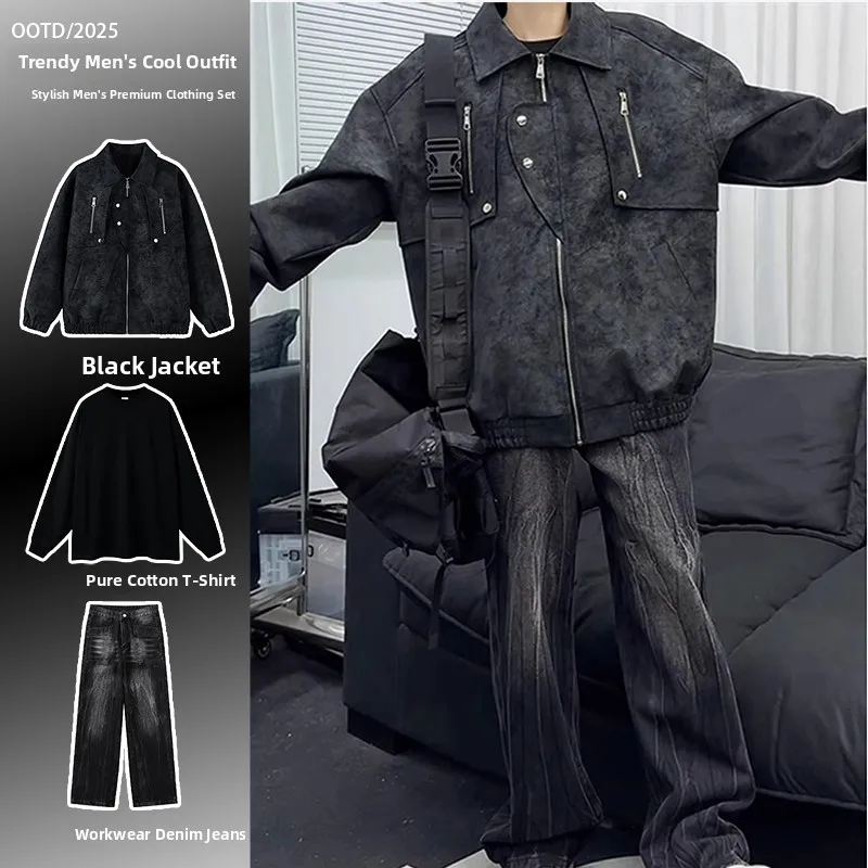 

American Retro Leather Jaet Men's ort Motorcycle Flight Workwear Jaet Spring Faion Outerwear Polyester Fabric