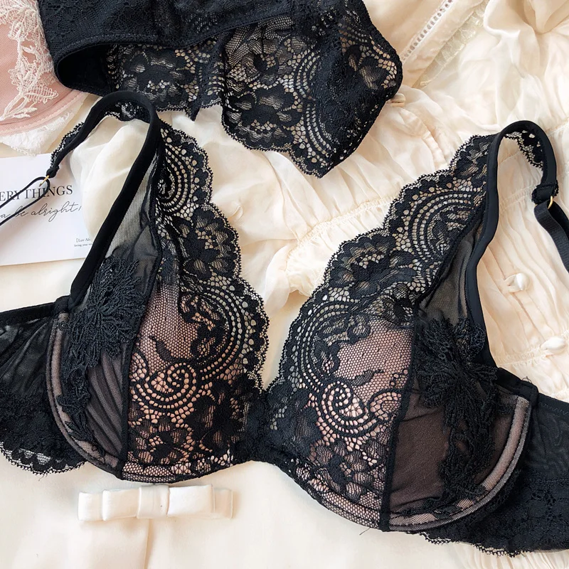 Sexy lace small fly shoulder deep V gathered underwear set on the thin under thick lingerie small breasts show large bra