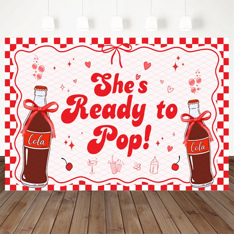 Mocsicka She's Ready To Pop Baby Shower Backdrop Red Checkered Cola Bottle Photography Background Birthday Photo Booth Banner