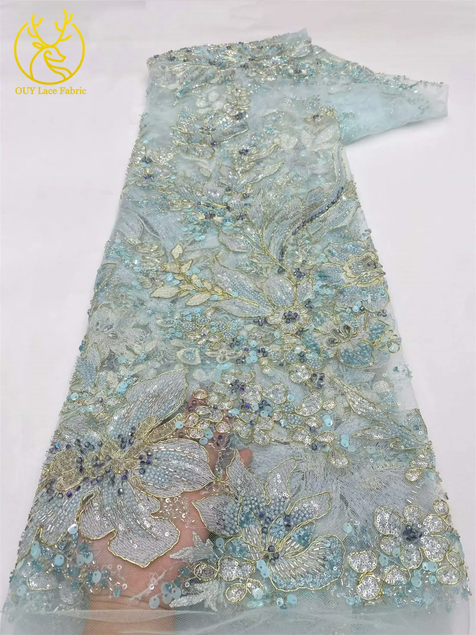 Eleganter Tüll-Spitzenstoff mit Pailletten und Blumenstickerei, afrikanischer handgefertigter Perlen-Mesh-Spitzenstoff zum Nähen von Abendkleidern, 5 Yards – Detail 11