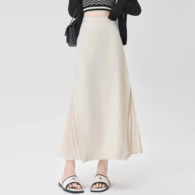 Chiffon patchwork Gray high-end suit Skirts for women 2026 Summer New thin Design pleats patchwork design A-line long Skirts