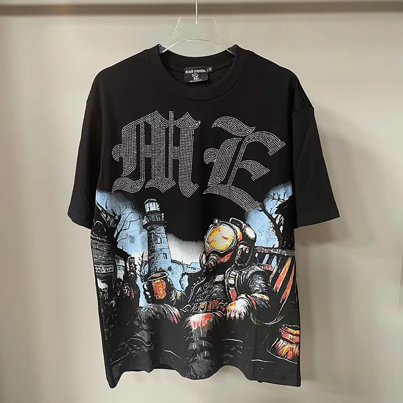 

Harajuku Oversized MIXED EMOTION Good Quality White Direct Spray T Shirt Men Women Pure Cotton Casual Red Hot Drill Letters