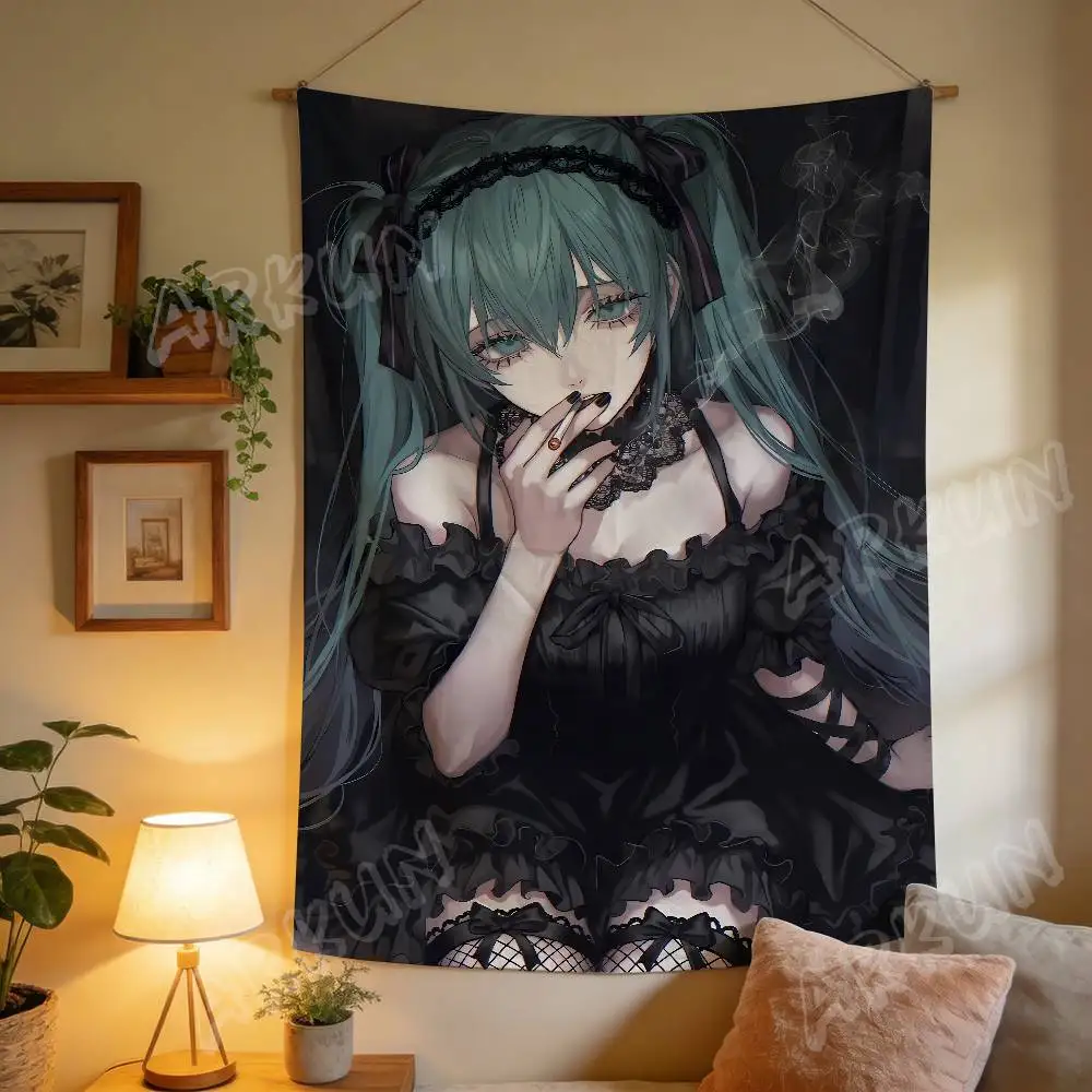 Dark Gothic Anime Girl Wall Tapestry, Teal Twin‑Tail Character In Black Lolita Lace Dress Wall Home Room Decor