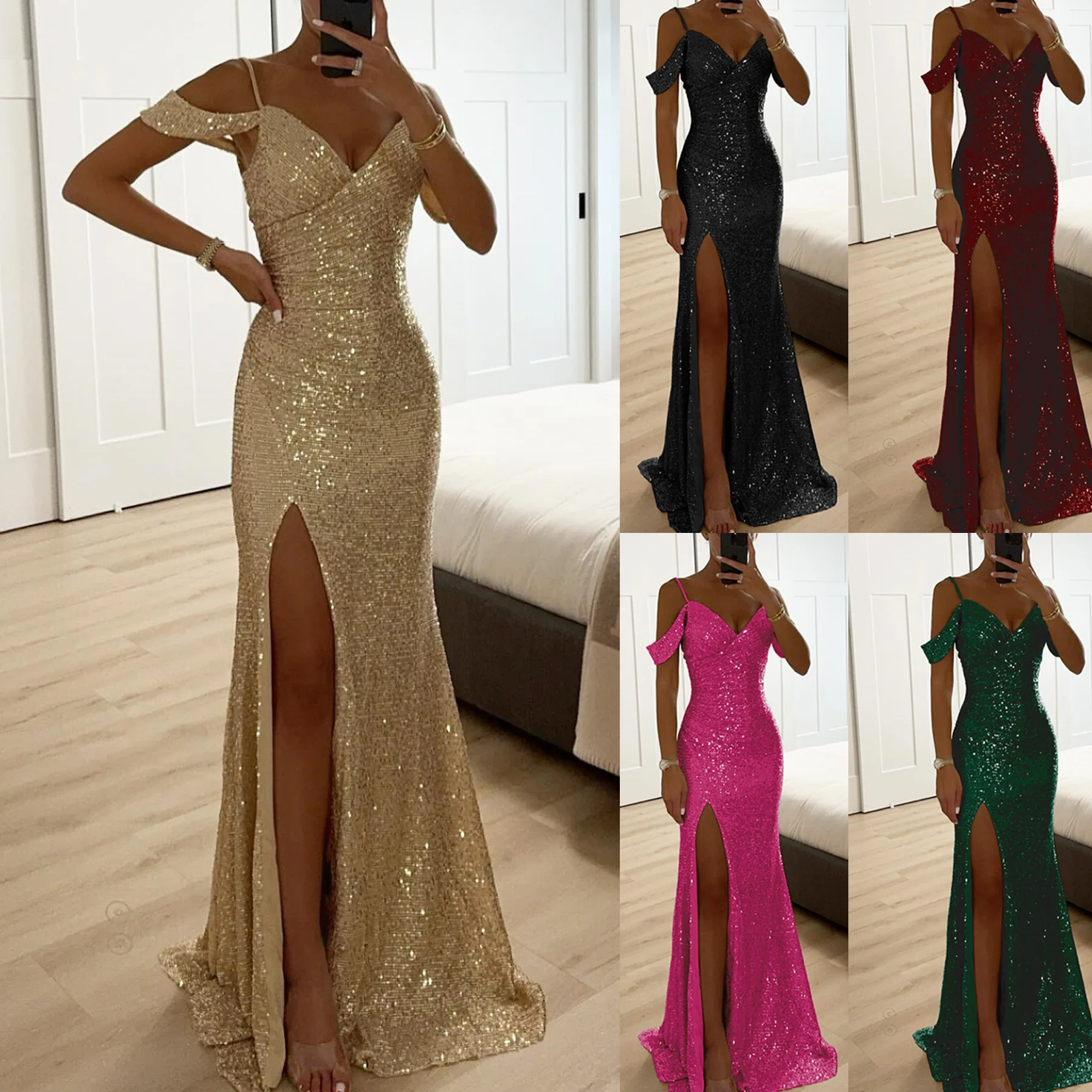 

Elegant Women's Evening Long Dress Sexy Off Shoulder V Neck Side Slit Sequin Gown for Prom Wedding Sleeveless Maxi Dresses