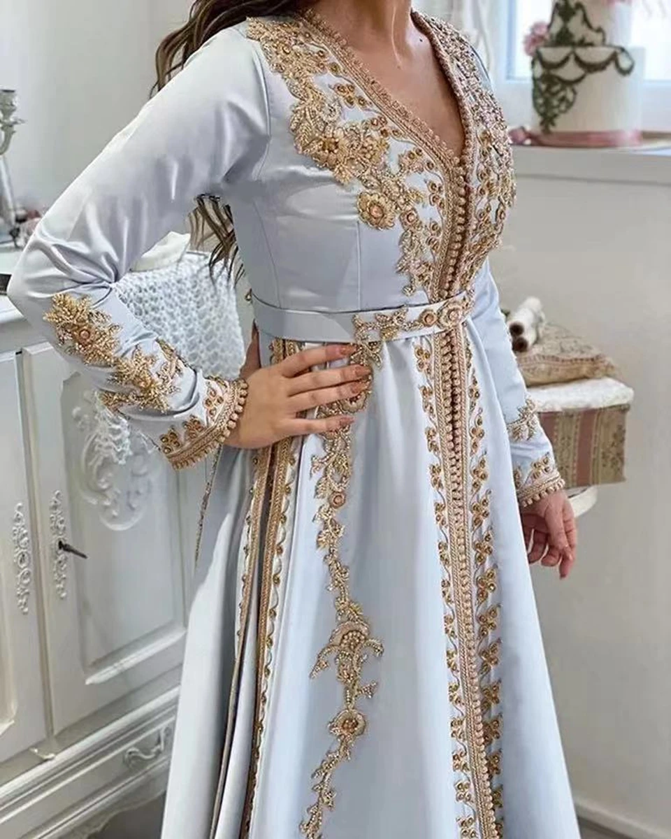 2023 Blue Moroccan Kaftan Evening Dresses Lace Appliques Long Sleeves A-Line Prom Dress Elegant Satin Crystal Robes De Soirée