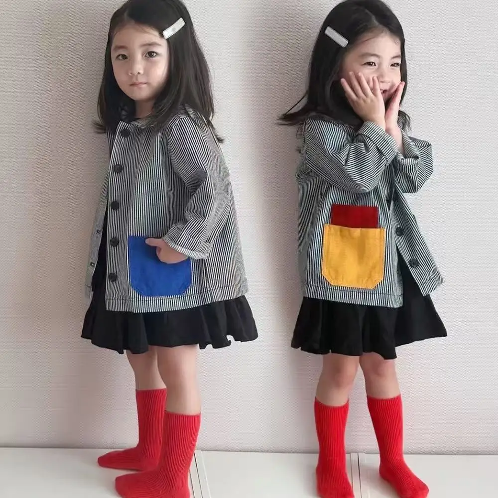 2-7 Years Kids Striped Denim Jacket Boys Girls Loose Long Sleeve Color Block Coat 2026 New Autumn Winter 90-140cm