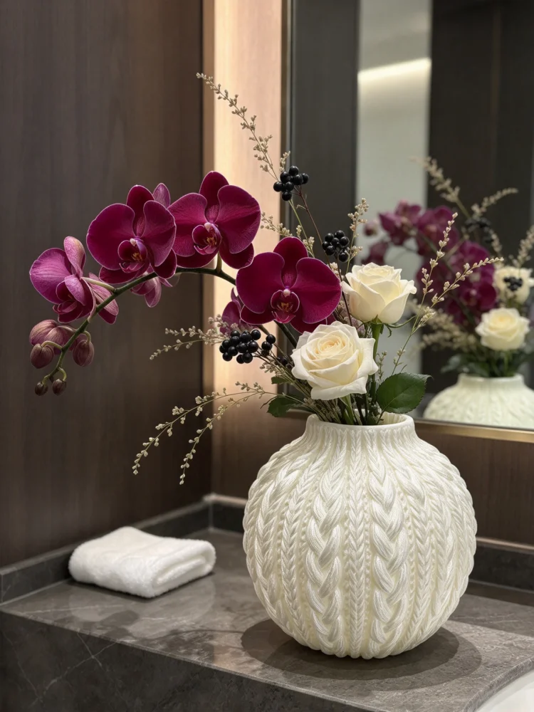 Special Textured Knitted Vase for Bathroom Sinks, 3D Printed White Drum-Shaped Mini Flower Vessel, Warm Milky White Style, Suitable for Simple and Luxurious Bathroom Spaces, Three-Dimensional Texture Enhances the Sophistication of the Countertop, Compact Size Suitable for Placing Items at the Corners of the Sink, Can Be Used to Insert Small Dried Flowers or Fresh Flowers to Enhance the Bathroom Space, Suitable for Various Bathroom Decor Styles Such as Modern and Hotel-Style, Both a Practical Flower Vessel and a Bathroom Decor Item