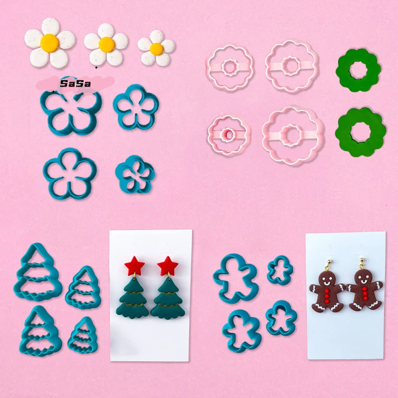 

4Pcs Polymer Clay Mold for Christmas Tree Wreath DIY Hand Tool Jewelry Cutting Die Molds Earrings/Necklaces/Pendant Soft Clay